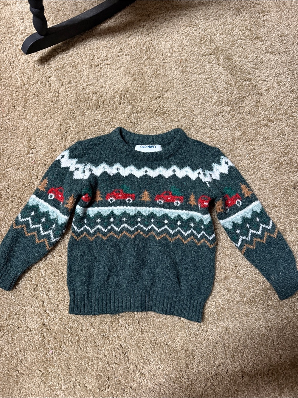 Old Navy Forest Green Holiday Crewneck Sweater with Red Truck Motif